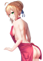 Rule 34 | 1girl, :o, absurdres, ahoge, apron, artoria pendragon (all), artoria pendragon (fate), ass, back, bare arms, bare shoulders, blonde hair, blue ribbon, bow, braid, breasts, butt crack, commentary request, cowboy shot, fate/stay night, fate (series), french braid, from side, green eyes, hair between eyes, hair bun, hair ribbon, half-closed eyes, halterneck, has bad revision, has downscaled revision, highres, hip focus, jewelry, looking at viewer, looking to the side, md5 mismatch, medium breasts, naked apron, pocket, red apron, red bow, resolution mismatch, ribbon, ring, saber (fate), shade, short hair, shoulder blades, sideboob, sidelocks, simple background, single hair bun, solo, source smaller, standing, wedding band, white background, yunkaiming
