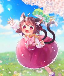 Rule 34 | 1girl, ahoge, animal ear fluff, animal ears, arm up, blue sky, blush, brown hair, cat ears, cat tail, chen, cherry blossoms, chinese clothes, cloud, commentary request, day, earrings, eyebrows, fang, flower, frilled skirt, frills, grass, green hat, hat, highres, ibaraki natou, jewelry, long sleeves, looking at viewer, lower teeth only, mob cap, multiple tails, nekomata, open mouth, outdoors, outstretched arm, petals, red eyes, shirt, single earring, skirt, skirt set, sky, solo, standing, standing on one leg, tail, teeth, tongue, touhou, two tails, upper teeth only