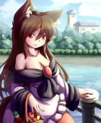 Rule 34 | 1girl, absurdres, animal ears, breasts, brooch, brown hair, cleavage, collarbone, dango, dior-zi, dress, fingernails, food, fruit, highres, imaizumi kagerou, jewelry, large breasts, light smile, long sleeves, looking at viewer, nail polish, red eyes, red nails, solo, tail, touhou, wagashi, wide sleeves, wolf ears, wolf tail