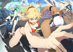 Rule 34 | 10mo, 3girls, animal ears, armband, bicycle, bikini, blonde hair, blue eyes, blue hair, body markings, braid, breasts, caenis (fate), colored inner hair, dark-skinned female, dark skin, dynamic pose, fate/grand order, fate (series), green eyes, green hair, hair intakes, hair ornament, kukulkan (fate), large breasts, leotard, long hair, medium breasts, mordred (fate), multicolored hair, multiple girls, official art, open mouth, ponytail, promotional art, racing, red bikini, red scrunchie, riding, riding bicycle, running, scrunchie, shoes, sidelocks, sleeveless, smile, sneakers, swimsuit, visor cap, white hair