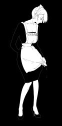 Rule 34 | 1girl, apron, arm behind back, breasts, collarbone, full body, high heels, highres, kawatiw, maid, maid apron, maid headdress, medium breasts, monochrome, original, profile, short hair, solo, wringing clothes