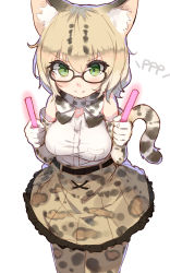 Rule 34 | 10s, 1girl, animal ear fluff, animal ears, animal print, bare shoulders, black-framed eyewear, blonde hair, blush, bow, bowtie, breasts, cat ears, cat tail, elbow gloves, fang, fang out, glasses, gloves, glowstick, green eyes, group name, highres, kemono friends, looking at viewer, margay (kemono friends), margay ears, margay tail, medium breasts, pantyhose, shone, simple background, sleeveless, solo, tail