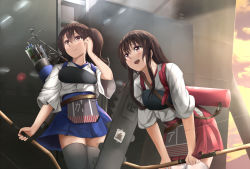 Rule 34 | 2girls, akagi (kancolle), arrow (projectile), black legwear, blue skirt, blush, bow (weapon), brown eyes, brown hair, butter curry, closed mouth, holding, holding bow (weapon), holding weapon, kaga (kancolle), kantai collection, long hair, looking away, multiple girls, open mouth, outdoors, red skirt, side ponytail, skirt, smile, thighhighs, thighs, weapon, white legwear