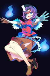 Rule 34 | 1girl, :d, black background, blue eyes, blue headwear, commentary request, full body, highres, looking at viewer, miyako yoshika, ofuda, open mouth, outstretched arms, purple hair, red shirt, shirt, short hair, simple background, smile, solo, touhou, wakadori1234