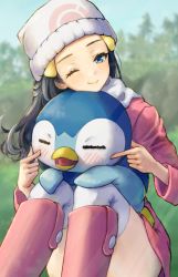 Rule 34 | 1girl, black hair, blurry, blurry background, blush, boots, cheek poking, creatures (company), dawn (pokemon), forest, game freak, gen 4 pokemon, hair ornament, hat, highres, jacket, knee boots, knees up, long hair, nature, nintendo, one eye closed, open mouth, outdoors, over-kneehighs, pink footwear, pink jacket, piplup, pokemon, pokemon (creature), pokemon dppt, pokemon platinum, poking, sitting, smile, thighhighs, tree, white thighhighs, yun bo (yumbocchi)