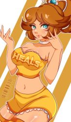 Rule 34 | 1girl, alternate costume, alternate hairstyle, aqua eyes, artist name, bare arms, bare shoulders, breasts, brown hair, choker, cleavage, cresscin, hair ribbon, large breasts, legs, lipstick, makeup, mario (series), midriff, navel, neck, nintendo, parted lips, ponytail, princess, princess daisy, ribbon, skirt, smile, solo, strapless, super mario land, thick thighs, thighs, white choker