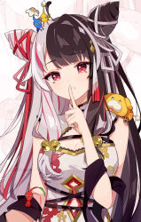 Rule 34 | 1girl, ahoge, black hair, breasts, captain yue, china dress, chinese clothes, cleavage, cleavage cutout, clothing cutout, commentary request, cone hair bun, crossover, dress, finger to mouth, flower, grey hair, grey ribbon, hair bun, hair ribbon, head tilt, highres, long hair, looking at viewer, medium breasts, multicolored hair, nijisanji, nintendo, on head, pikmin (creature), pikmin (series), pikmin 4, red hair, red ribbon, ribbon, sheath, shushing, single hair intake, sleeveless, sleeveless dress, smile, sparkle, streaked hair, two-tone hair, upper body, very long hair, virtual youtuber, white dress, white flower, yorumi rena, yorumi rena (10th costume)