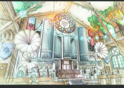 Rule 34 | bad id, bad pixiv id, banner, bell, bow (music), chair, chandelier, church, instrument, no humans, organ (instrument), pixiv fantasia, pixiv fantasia 5, roffi, scenery, stained glass, stairs, tree, violin