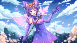 Rule 34 | 1girl, animal ears, ardenlolo, blush, breasts, bug, butterfly, butterfly on hand, cloud, cloudy sky, commentary, commission, day, detached sleeves, dress, elementalist, english commentary, flower, gloves, happy, highres, holding, holding staff, insect, league of legends, looking at viewer, lux (league of legends), mountain, mystic elementalist lux, outdoors, pixiv username, purple eyes, purple gloves, sky, sleeveless, sleeveless dress, small breasts, solo, staff, teeth, tree, upper teeth only, watermark, web address, white flower, wings