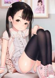 Rule 34 | 1girl, arm support, bad id, bad pixiv id, black hair, black thighhighs, blush, bow, brown eyes, child, closed mouth, converse, earrings, female focus, flat chest, glasses, hair bow, hideousbeing, holding, jewelry, leaning back, legs up, long hair, looking at viewer, original, overalls, pink shirt, portrait (object), ribbon, shirt, shoes, short shorts, short sleeves, shorts, sitting, solo, stuffed toy, thighhighs, twintails, unmoving pattern