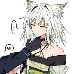 Rule 34 | 1boy, 1girl, animal ear fluff, animal ears, arknights, bare shoulders, blush, cat ears, choker, closed eyes, closed mouth, collarbone, doctor (arknights), hand on another&#039;s chin, hand up, highres, kal&#039;tsit (arknights), long sleeves, medium hair, messy hair, off shoulder, pokarii zuu, sidelocks, solo focus, stroking another&#039;s chin, upper body, white background, white hair