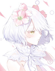 Rule 34 | 1girl, absurdres, collar, flower, hair flower, hair ornament, highres, kudou chitose, looking to the side, nijisanji, open clothes, petals, ribbon, short hair, solo, taku (pixiv30061800), transparent background, virtual youtuber, white hair, yellow eyes