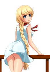 Rule 34 | 1girl, ass, blonde hair, blue eyes, braid, commentary, dress, english commentary, everlasting summer, from behind, highres, huyase, light smile, long hair, looking at viewer, looking back, neckerchief, no panties, railing, red neckerchief, simple background, slavya-chan, solo, very long hair, white background, white dress
