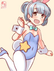 Rule 34 | 1girl, animal ears, aqua bow, aqua bowtie, artist logo, bare shoulders, blue hair, blue leotard, bow, bowtie, breasts, brown eyes, covered navel, cowboy shot, dated, detached collar, double bun, fang, hair bun, kanon (kurogane knights), kantai collection, leotard, looking at viewer, one-hour drawing challenge, pantyhose, playboy bunny, rabbit ears, rabbit tail, samuel b. roberts (kancolle), short hair, skin fang, small breasts, smile, solo, standing, standing on one leg, star ornament, tail, white background, white pantyhose, wrist cuffs