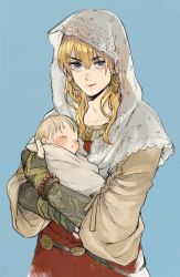 Rule 34 | 2boys, baby, blonde hair, blue eyes, closed mouth, earrings, father and son, gensou suikoden, gensou suikoden v, highres, jewelry, long hair, looking at viewer, male focus, multiple boys, natsuo (hatohaco), richard (suikoden), simple background