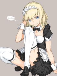 Rule 34 | 1girl, adjusting hair, apron, black bow, black bowtie, black dress, black footwear, blonde hair, blue eyes, bow, bowtie, breasts, commentary request, detached collar, dress, female focus, frilled dress, frills, haimura kiyotaka, highres, leivinia birdway, loafers, looking at viewer, maid, maid headdress, medium hair, shoes, short sleeves, simple background, sitting, small breasts, smile, solo, speech bubble, thighhighs, thighs, toaru majutsu no index, toaru majutsu no index: imaginary fest, toaru majutsu no index: new testament, waist apron, wrist cuffs