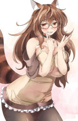 Rule 34 | 1girl, alternate hair length, alternate hairstyle, animal ears, bare legs, blush, breasts squeezed together, breasts, brown hair, choker, cowboy shot, female focus, futatsuiwa mamizou, glasses, grin, jewelry, large breasts, looking at viewer, pantyhose, pince-nez, raccoon ears, raccoon tail, ring, smile, smug, solo, tail, touhou, wedding band, yohane