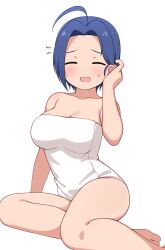 Rule 34 | 1girl, absurdres, ahoge, bare legs, bare shoulders, blue hair, blush, breasts, cleavage, closed eyes, collarbone, dot nose, embarrassed, forehead, full body, furrowed brow, hand on own ear, highres, idolmaster, idolmaster (classic), idolmaster million live!, idolmaster million live! theater days, large breasts, looking at viewer, miura azusa, naked towel, open mouth, pelican (s030), short hair, shy, sidelocks, simple background, sitting, solo, sweat, sweatdrop, towel, white background, white towel, yokozuwari