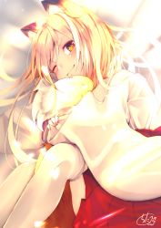 Rule 34 | 1girl, ;), animal ear fluff, animal ears, bed sheet, blonde hair, blush, chita (ketchup), closed mouth, commentary request, fox ears, fox girl, fox tail, highres, hugging own tail, hugging tail, japanese clothes, kimono, long hair, long sleeves, looking at viewer, lying, on side, one eye closed, original, pinching sleeves, pleated skirt, red eyes, red skirt, short eyebrows, signature, skirt, sleeves past wrists, smile, solo, tail, thick eyebrows, thighhighs, very long hair, white kimono, white thighhighs
