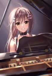 Rule 34 | 1girl, ahoge, bare shoulders, black choker, blurry, blush, brown eyes, brown hair, choker, commentary request, cuckoo ki, depth of field, earrings, eyelashes, eyes visible through hair, grin, hair between eyes, hair ornament, hairclip, highres, instrument, jewelry, light particles, light rays, long hair, looking at viewer, minakami yuki, necklace, piano, ponytail, sidelighting, simple background, smile, solo, spaghetti strap, straight hair, stud earrings, subarashiki hibi, sunbeam, sunlight, upper body