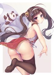 Rule 34 | 1girl, anchor hair ornament, ass, azur lane, backless dress, backless outfit, blush, border, china dress, chinese clothes, closed mouth, dress, from behind, hair ornament, hair rings, hairband, highres, long hair, looking at viewer, looking back, momoirone, outside border, panda, panties, pelvic curtain, ping hai (azur lane), red dress, side-tie panties, single thighhigh, solo, thighhighs, underwear, white border, white hairband, white panties