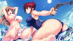 Rule 34 | 10s, 2girls, :o, all fours, ass, ball, bare back, bare shoulders, barefoot, beachball, bikini, blue eyes, blush, breasts, brown eyes, brown hair, cameltoe, cloud, covered erect nipples, day, end card, feet, folded ponytail, gun, handgun, highres, horizon, impossible clothes, ishigaki takashi, koumi haruka, large breasts, left-handed, long hair, looking at viewer, multiple girls, ocean, official art, official wallpaper, one-piece swimsuit, open mouth, outdoors, partially visible vulva, rail wars!, red hair, revolver, sakurai aoi, screencap, sitting, sky, soles, sun, surprised, swimsuit, toes, underboob, wallpaper, wardrobe malfunction, water, weapon, wedgie, white bikini