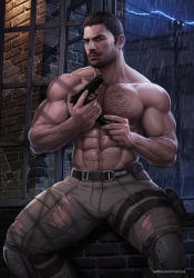 Rule 34 | 1boy, abs, arm hair, bara, beard, brown hair, brown pants, bulge, chest hair, chris redfield, covered abs, facial hair, gun, hairy, harness, highres, holding, holding gun, holding weapon, large pectorals, leg hair, male focus, marcus (rnarccus), mature male, midriff peek, muscular, muscular male, mustache, navel, navel hair, nipples, paid reward available, pants, pectorals, rain, realistic, resident evil, resident evil 5, paid reward available, shirt, short hair, sideburns, solo, stomach, stubble, thick thighs, thighs, tight clothes, tight pants, topless male, torn clothes, torn pants, weapon, weapon request, window