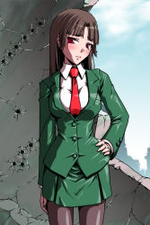 Rule 34 | 1girl, between breasts, breasts, brown hair, bullet hole, business suit, fallout (series), fallout 3, formal, hand on own hip, hime cut, hip focus, jacket, large breasts, lauren (nagatsuki), lone wanderer, long hair, miniskirt, mole, mole under eye, mudamoro, necktie, original, pantyhose, pencil skirt, red eyes, ruins, skirt, skirt suit, solo, suit