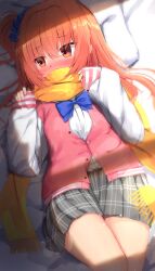 Rule 34 | 1girl, absurdres, blue ribbon, blush, breasts, embarrassed, grey skirt, hair between eyes, highres, inaba meguru, long sleeves, looking to the side, lying, miniskirt, nodoameyatou, on back, on bed, orange eyes, orange hair, pillow, pink sweater, pleated skirt, ribbon, sanoba witch, scarf, school uniform, side ponytail, skirt, sleeves past wrists, small breasts, solo, sunlight, sweater, thighs, wavy hair, yellow scarf, yuzu-soft