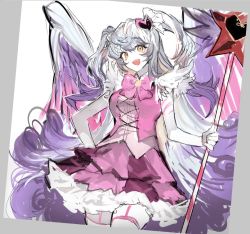 Rule 34 | 1girl, dress, lobotomy corporation, magical girl, open mouth, orange eyes, pink dress, pink ribbon, project moon, queen of hatred, remsrar, ribbon, skirt, sleeveless, staff, thighs, white background, white hair, wings