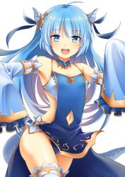 Rule 34 | 1girl, :d, absurdres, ahoge, armpits, backless outfit, bare shoulders, blue dress, blue eyes, blue hair, blue panties, blue ribbon, breasts, clothing cutout, commentary request, cowboy shot, detached collar, detached sleeves, dress, frilled sleeves, frills, hair ribbon, hand up, highres, horns, huge filesize, king&#039;s raid, lilia (king&#039;s raid), long hair, long sleeves, looking at viewer, navel, navel cutout, open mouth, ositi0528, outstretched arms, panties, pantyshot, pelvic curtain, ribbon, sleeves past fingers, sleeves past wrists, small breasts, smile, solo, spaghetti strap, standing, tail, teeth, thighhighs, thighs, transparent background, underwear, upper teeth only, white thighhighs, wide sleeves