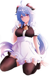 Rule 34 | 1girl, absurdres, ahoge, apron, bell, black thighhighs, blue hair, frills, ganyu (genshin impact), garter straps, genshin impact, goat horns, highres, horns, long hair, looking at viewer, maid, maid apron, neck bell, open mouth, purple eyes, seiza, short sleeves, sitting, solo, thighhighs, wariza, white background, wristband, yu xiaozhi