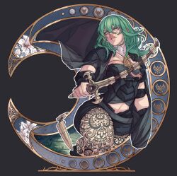 Rule 34 | 1girl, absurdres, black coat, breasts, brooch, byleth (female) (fire emblem), byleth (fire emblem), cleavage, coat, coat on shoulders, enlightened byleth (female), fire emblem, fire emblem: three houses, green eyes, green hair, highres, holding, holding sword, holding weapon, iaurencin, jewelry, knee up, large breasts, lips, medium hair, nintendo, pantyhose, solo, sword, teeth, weapon, whip sword
