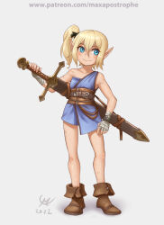 Rule 34 | 2022, armlet, bandaged hand, bandages, bare legs, black hairband, blonde hair, blue eyes, blue tunic, boots, dress, elf, fantasy, hairband, holding, holding sword, holding weapon, leather, leather belt, leather boots, lettanya (maxa&#039;), maxa&#039;, original, patreon username, pointy ears, scabbard, scar, sheath, side ponytail, single-shoulder dress, smile, solo, sword, weapon