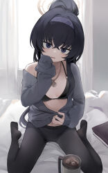 Rule 34 | 1girl, absurdres, bikini, bikini under clothes, black bikini, black hair, black pantyhose, blue archive, blue eyes, blue hairband, breasts, collarbone, crossed bangs, cup, curtains, eyelashes, feet, full body, grey jacket, hairband, hand up, highres, ice, ice cube, indoors, jacket, jewelry, legs, long hair, looking at viewer, nagata gata, navel, necklace, no shoes, on bed, pantyhose, partially unbuttoned, sidelocks, sitting, sleeves past wrists, small breasts, soles, solo, swimsuit, thighs, toes, ui (blue archive), ui (swimsuit) (blue archive), wariza, wavy mouth, window