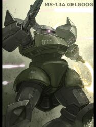 Rule 34 | beam rifle, beam saber, bottoms1237, character name, commentary request, dual wielding, energy gun, feet out of frame, finger on trigger, gelgoog, glowing, glowing eye, gun, gundam, hand up, highres, holding, holding gun, holding sword, holding weapon, laser, mecha, mecha focus, mobile suit, mobile suit gundam, no humans, one-eyed, outstretched arm, pillarboxed, purple eyes, robot, science fiction, signature, solo, sparks, standing, sword, thrusters, weapon