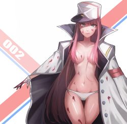Rule 34 | 10s, 1girl, boots, breasts, coat, coat on shoulders, darling in the franxx, hair over breasts, hat, long hair, looking at viewer, medium breasts, open clothes, open coat, panties, pink hair, short hair, underwear, white coat, white footwear, white panties, z3s2, zero two (darling in the franxx)