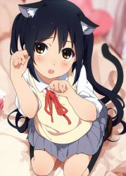 Rule 34 | 1girl, :o, animal ears, black hair, blush, brown eyes, cat ears, cat tail, k-on!, kneeling, looking at viewer, nakano azusa, ogipote, paw pose, school uniform, skirt, solo, sweater vest, tail