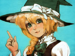Rule 34 | 1girl, bad id, bad pixiv id, blonde hair, blue background, blush, bow, bowtie, braid, buttons, female focus, green eyes, hat, hat bow, head tilt, index finger raised, kirisame marisa, kotetu, lace, long hair, long sleeves, looking at viewer, parted lips, ribbon, simple background, solo, touhou, tsurusaki yuu, upper body, witch, witch hat