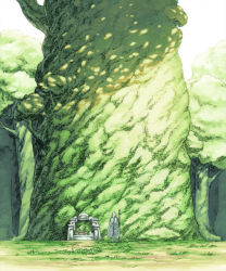 Rule 34 | 1boy, cloak, commentary request, day, facing away, forest, giant tree, graphite (medium), grass, green theme, long hair, male focus, mechanical pencil, mikleo (tales), nature, pencil, religious offering, solo, staff, standing, tales of (series), tales of zestiria, temple, traditional media, tree, watari taichi, white hair