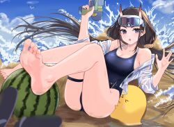 Rule 34 | 1girl, :o, ass, azur lane, bare shoulders, barefoot, black hair, blue one-piece swimsuit, blush, breasts, cleavage, feet, food, foreshortening, fruit, goggles, goggles on head, hair ornament, highres, holding, holding water gun, horns, kuwahara taiki, large breasts, long hair, long sleeves, looking at viewer, manjuu (azur lane), noshiro (azur lane), noshiro (unwinding in the sunshine) (azur lane), off shoulder, official alternate costume, one-piece swimsuit, oni horns, open mouth, outdoors, purple eyes, sandals, sitting, soles, swimsuit, swimsuit under clothes, thigh strap, thighs, toes, twintails, unworn sandals, water gun, watermelon