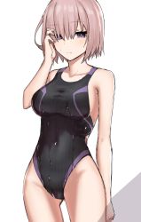 Rule 34 | 1girl, bare shoulders, black one-piece swimsuit, blush, breasts, collarbone, competition swimsuit, elfenlied22, fate/grand order, fate (series), hair over one eye, highleg, highleg swimsuit, highres, large breasts, light purple hair, looking at viewer, mash kyrielight, one-piece swimsuit, purple eyes, short hair, smile, solo, swimsuit, thighs, wet