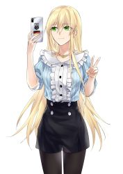 Rule 34 | 1girl, alternate costume, arm up, black pantyhose, black skirt, blonde hair, blouse, blue shirt, breasts, casual, cellphone, closed mouth, collarbone, commentary, english commentary, feet out of frame, german flag, girls&#039; frontline, green eyes, griffin &amp; kryuger, highres, holding, holding phone, jewelry, long hair, looking at viewer, medium breasts, necklace, pantyhose, phone, selfie, shirt, skirt, smartphone, smile, solo, standing, stg44 (girls&#039; frontline), suprii, v, white background
