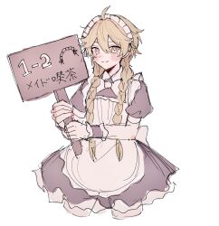 Rule 34 | 1boy, aether (genshin impact), ahoge, alternate costume, alternate hairstyle, apron, back bow, black dress, blonde hair, blush, bow, bowtie, braid, brown eyes, closed mouth, collared dress, crossdressing, dress, enmaided, frills, genshin impact, hair between eyes, hands up, highres, holding, holding sign, ichigo gyuunyuu, long hair, looking at viewer, maid, maid headdress, male focus, puffy short sleeves, puffy sleeves, short sleeves, sign, simple background, smile, solo, standing, twin braids, white apron, white background, white bow, white bowtie, wrist cuffs