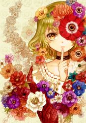 Rule 34 | 1girl, adapted costume, anemone (flower), bad id, bad twitter id, beige background, blue flower, choker, collarbone, commentary request, dress, finger to mouth, floral background, flower, frills, green hair, highres, juliet sleeves, kazami yuuka, keiko (mitakarawa), long sleeves, looking at viewer, nail polish, one eye covered, orange flower, parted lips, pink lips, pink nails, plaid, plaid dress, puffy sleeves, purple flower, red dress, red eyes, red flower, short hair, solo, touhou, upper body, wavy hair, white flower