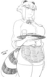 Rule 34 | 1girl, animal ears, apron, araiguma-san, bow, bowtie, breasts, commentary, cowboy shot, cup, dated, eating, expressionless, food, food on face, greyscale, hatching (texture), jitome, large breasts, linear hatching, miniskirt, monochrome, name tag, original, pencil skirt, raccoon ears, raccoon tail, short hair, signature, simple background, skirt, solo, tail, tray, tsukudani (coke-buta), waitress, white background
