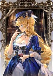 Rule 34 | 1girl, absurdres, arrrrrry1, blonde hair, blue eyes, blue headwear, breasts, cup, dress, drinking glass, genshin impact, glass, gold, hat, highres, jewelry, large breasts, lipstick, long hair, makeup, navia (genshin impact), necklace, pearl necklace, wine glass