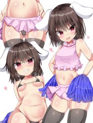 Rule 34 | 1girl, :d, animal ears, arched back, bare arms, bare shoulders, bikini, black bikini, black hair, black thighhighs, blush, body blush, breasts, breasts apart, breath, cheerleader, clothes lift, commentary request, contrapposto, crop top, dot nose, eyes visible through hair, floppy ears, frilled shirt collar, frills, gluteal fold, grin, head out of frame, heart, heart-shaped pupils, highleg, highleg bikini, highres, holding, holding pom poms, inaba tewi, lifting own clothes, looking at viewer, lower body, micro bikini, microskirt, midriff, miniskirt, multiple views, navel, open mouth, pink skirt, pleated skirt, pom pom (cheerleading), pom poms, rabbit ears, rabbit girl, red eyes, sabana, shiny skin, simple background, skindentation, skirt, skirt lift, smile, stomach, strap gap, string bikini, swimsuit, symbol-shaped pupils, thigh gap, thighhighs, touhou, tsurime, white background