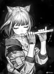 Rule 34 | 1girl, absurdres, animal ears, breasts, cat ears, chinese commentary, closed eyes, commentary request, fingerless gloves, flute, gloves, greyscale, highres, instrument, jacket, medium breasts, mio (xenoblade), monochrome, music, playing instrument, solipsist, solo, upper body, weibo logo, weibo watermark, xenoblade chronicles (series), xenoblade chronicles 3
