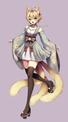 Rule 34 | 1girl, ahoge, animal ear fluff, animal ears, artist name, bare shoulders, bell, black choker, black thighhighs, blush, bow, bowtie, breasts, cat ears, cat girl, cat tail, choker, cleavage, colored eyelashes, commentary, detached sleeves, ear piercing, english commentary, fangs, fingernails, floral print, floral print sleeves, fluffy hair, full body, green eyes, grey bow, grey bowtie, grey footwear, grey kimono, grey sleeves, hair between eyes, hair intakes, highres, japanese clothes, kimono, long sleeves, looking at viewer, multiple tails, open mouth, original, piercing, purple background, sandals, sasucchi95, short hair, short kimono, simple background, smile, solo, standing, standing on one leg, tail, teeth, thighhighs, upper teeth only, walking, wide sleeves, youko (sasucchi95)